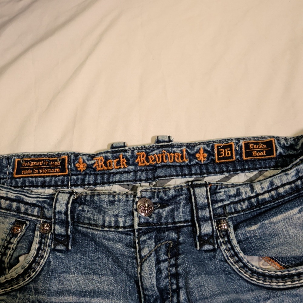 ROCK REVIVAL Earlin Boot Jeans Mens Size 36 Distressed Blue Y2K Western Waist Me - Picture 8 of 10